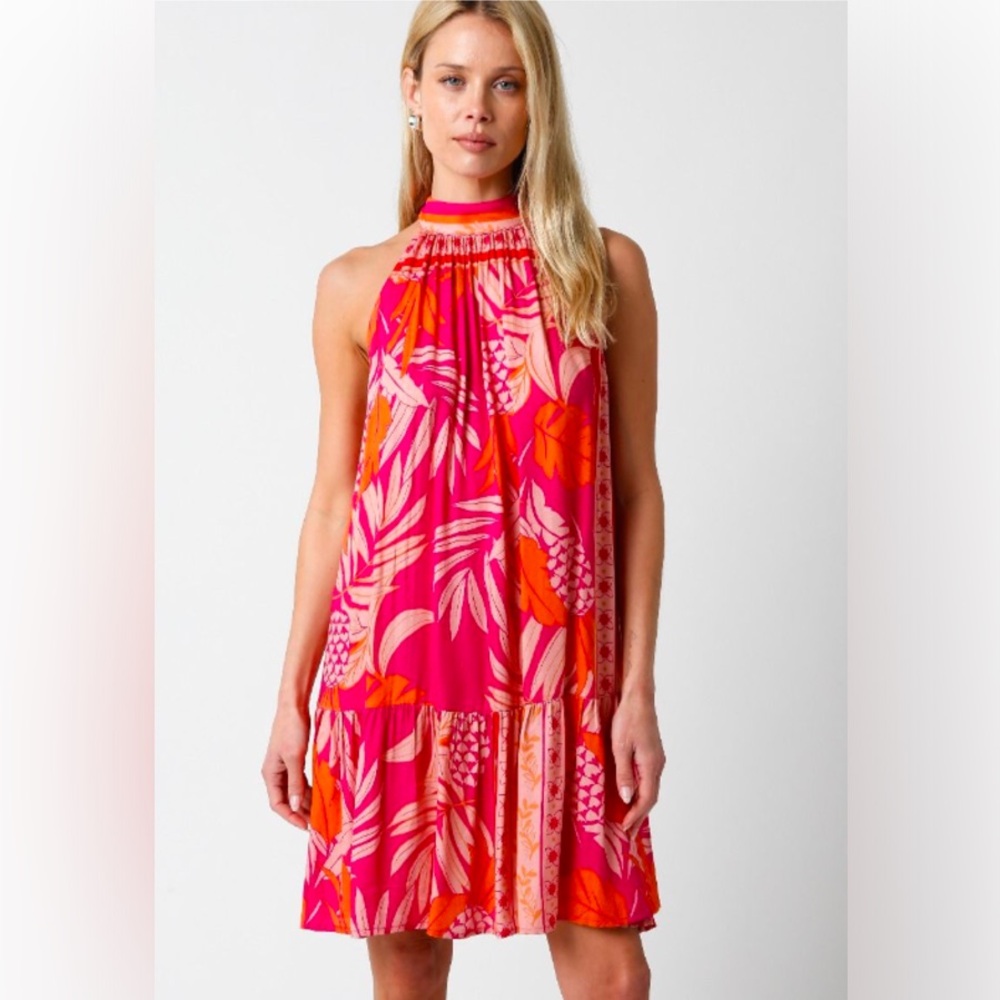 OLIVACIOUS Pink Pineapple Print Dress with Tie Back